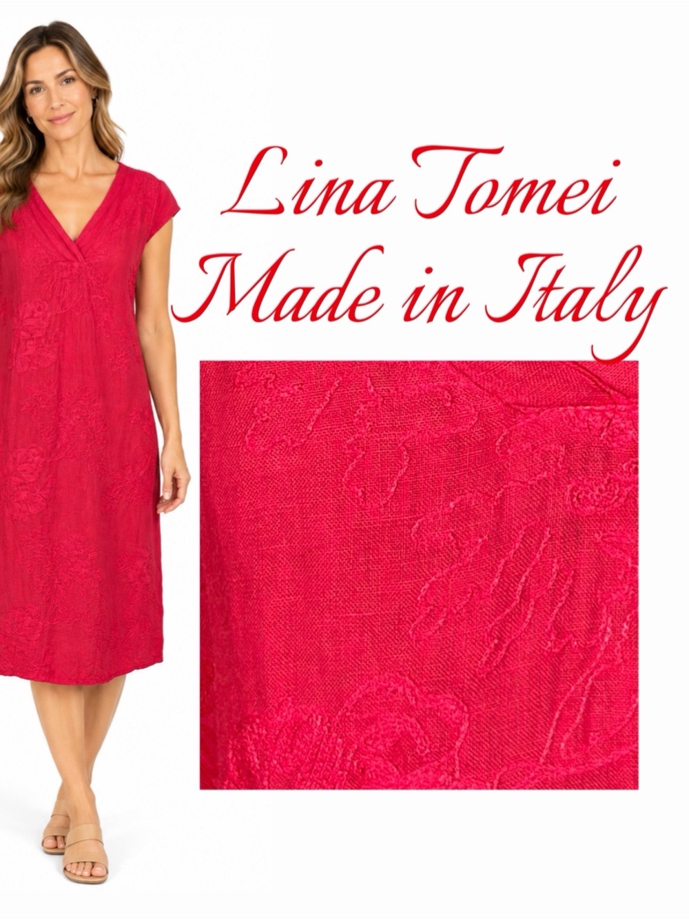 LINA  TOMEI Italy 100% Slub Linen Embroidered Raspberry Red Dress Pockets Medium